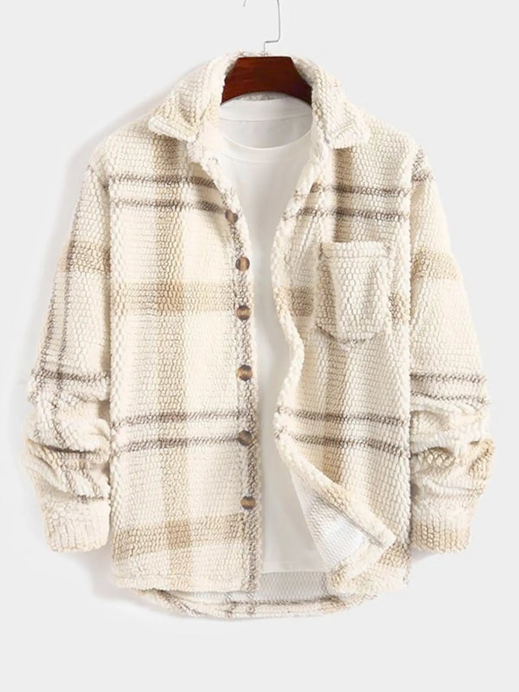 Cream Plaid Textured Fleece Shirt Jacket