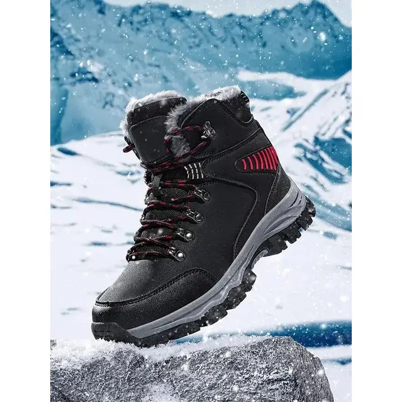 Black High-Top Lace-Up Boots with Fleece Collar