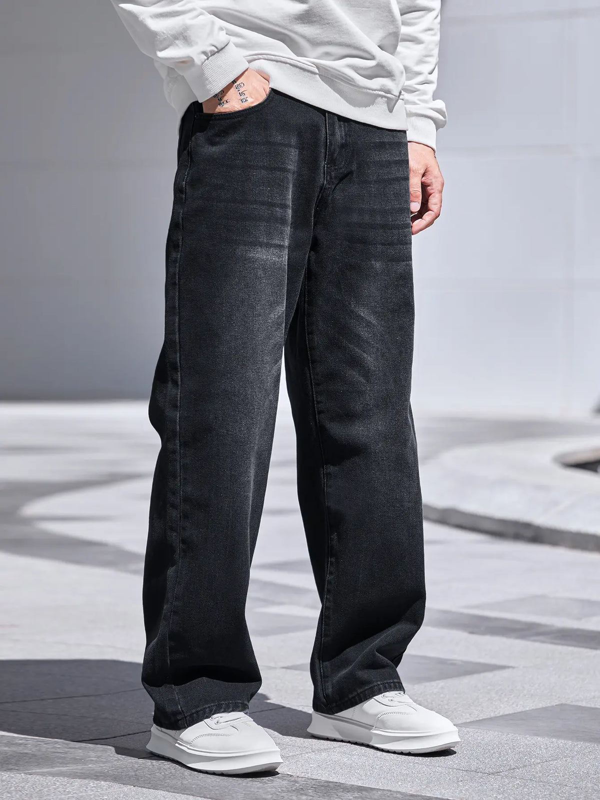 Faded Black Baggy Straight-Leg Denim Jeans