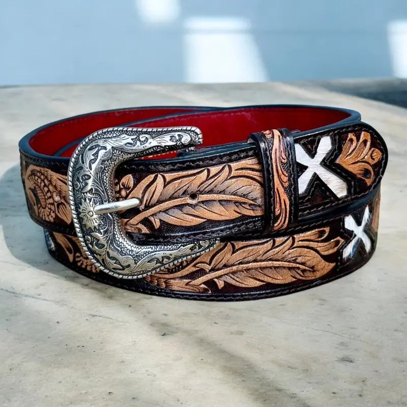 Hand-Tooled Brown Leather Belt with Engraved Buckle