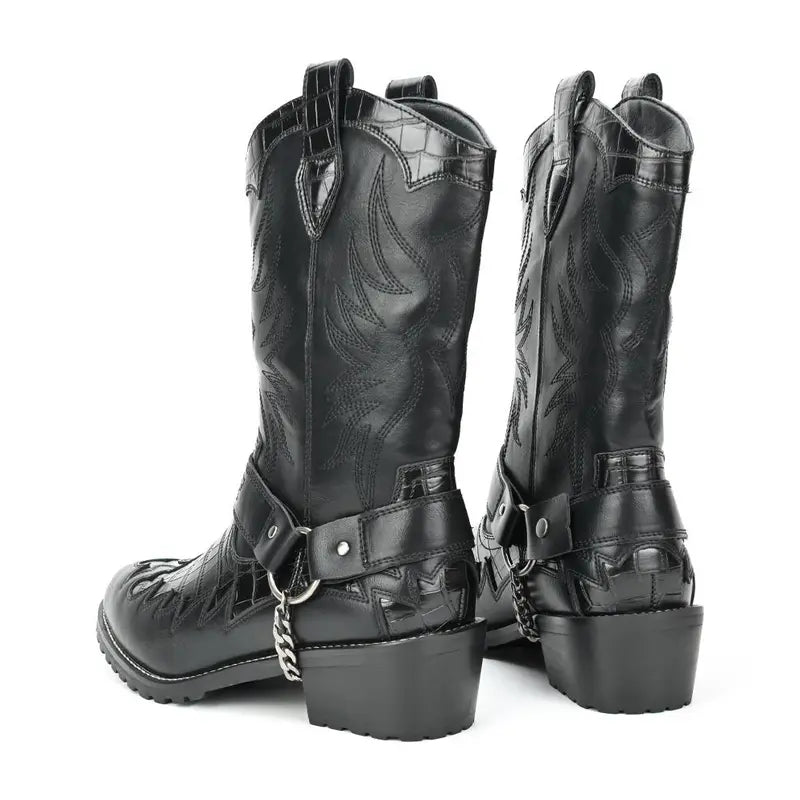 Black Embossed Mid Calf Western Boots With Chain