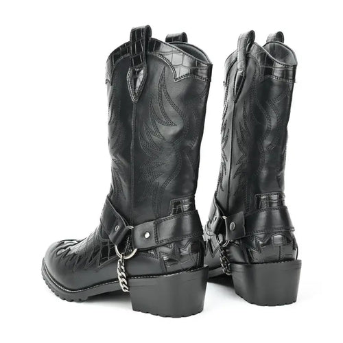 Black Embossed Mid Calf Western Boots With Chain