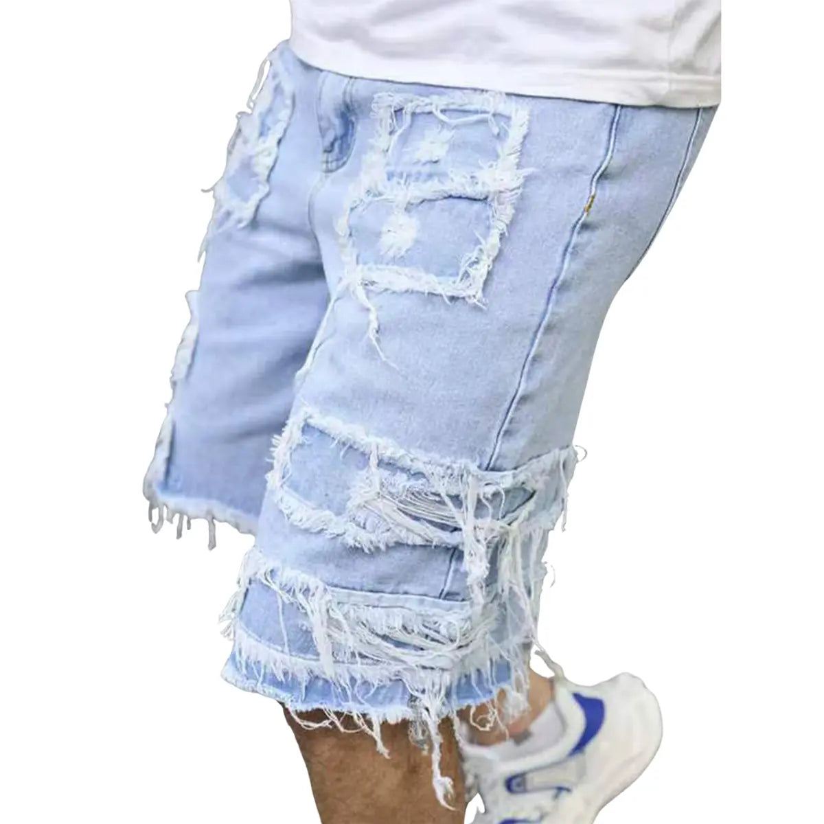 Light Blue Distressed Denim Shorts with Frayed Patches