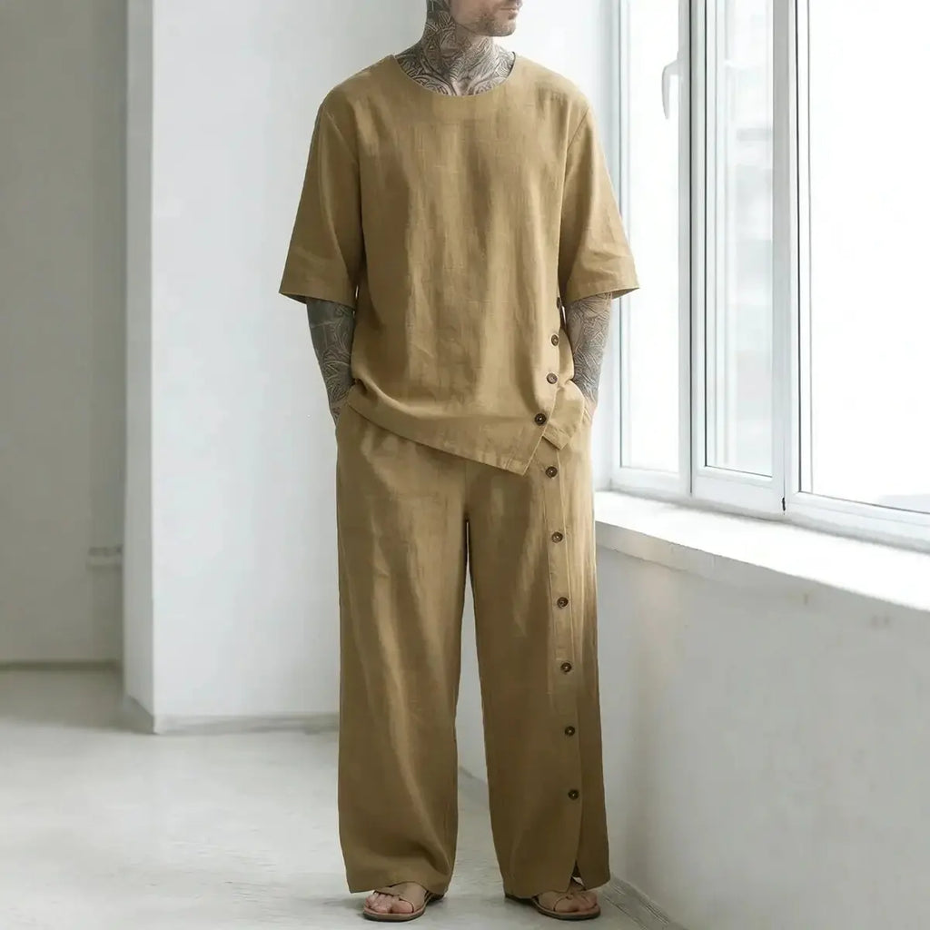 Tan Short Sleeve Shirt and Wide Leg Pants Set