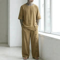 Tan Short Sleeve Shirt and Wide Leg Pants Set