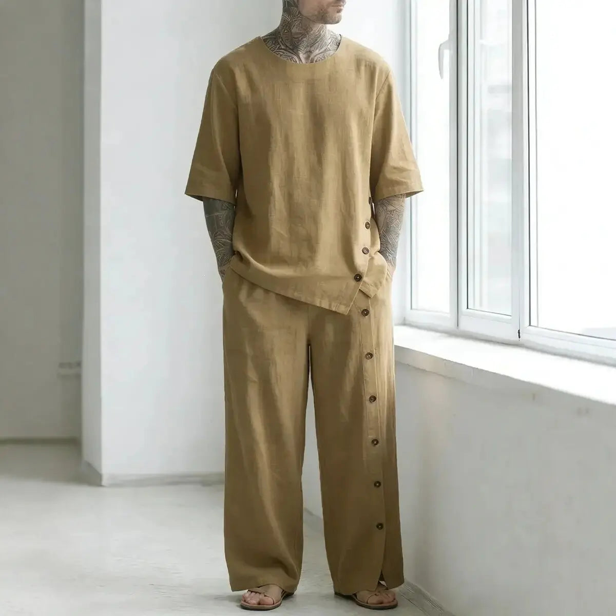 Tan Short Sleeve Shirt and Wide Leg Pants Set