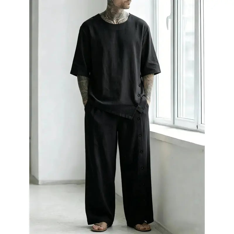 Tan Short Sleeve Shirt and Wide Leg Pants Set