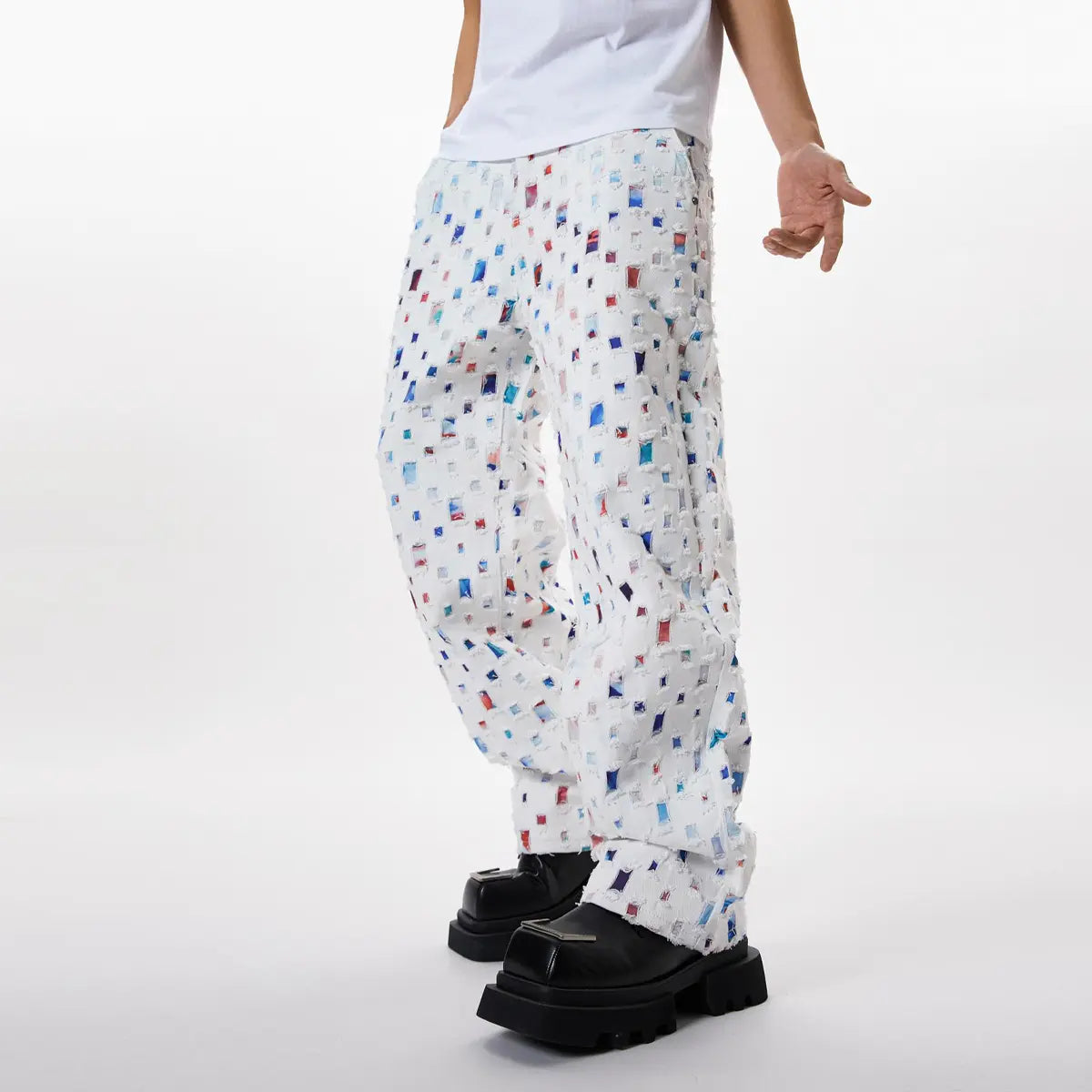Men's White Baggy Jeans with Colourful Patches