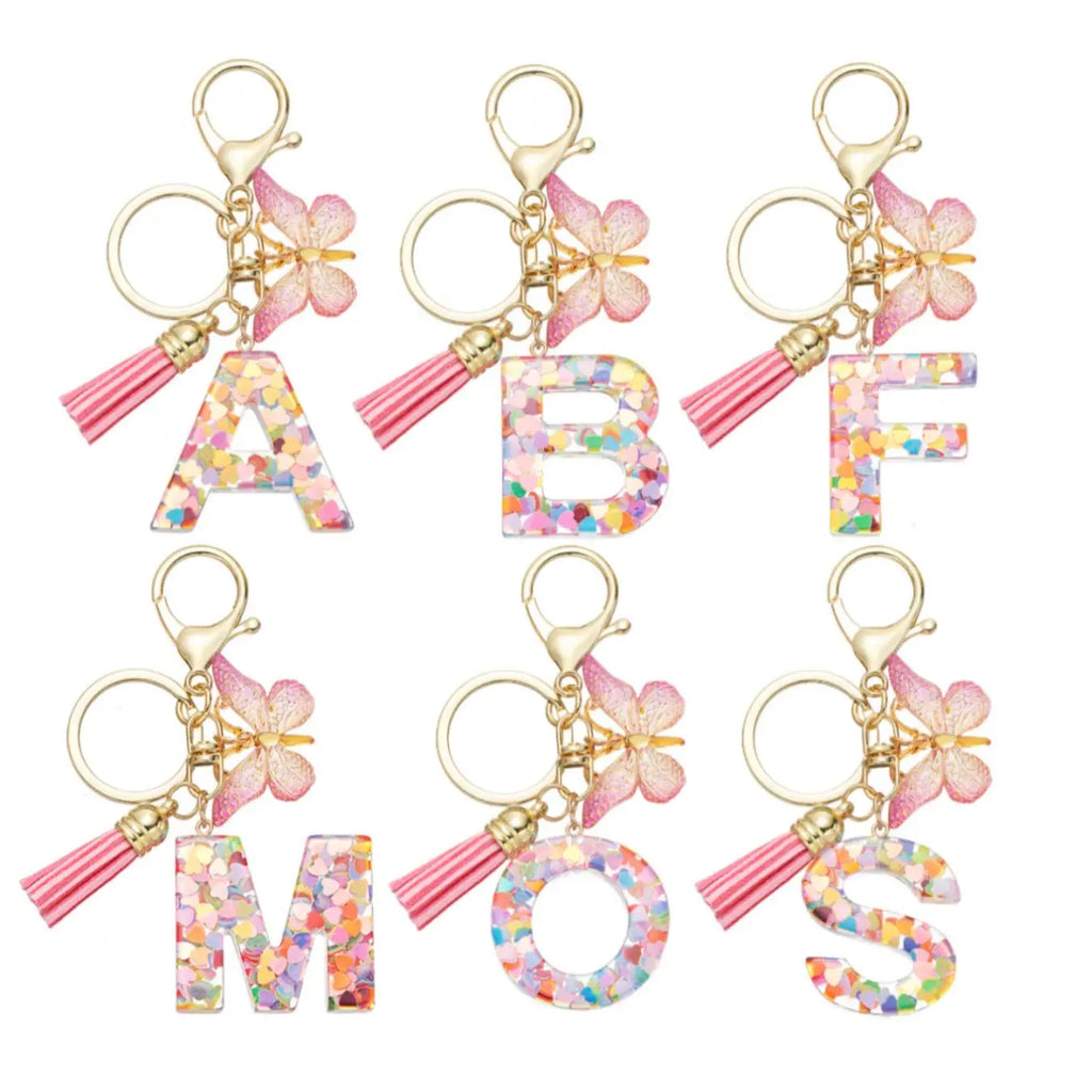 Pink Acrylic Letter Keychain With Butterfly Charm
