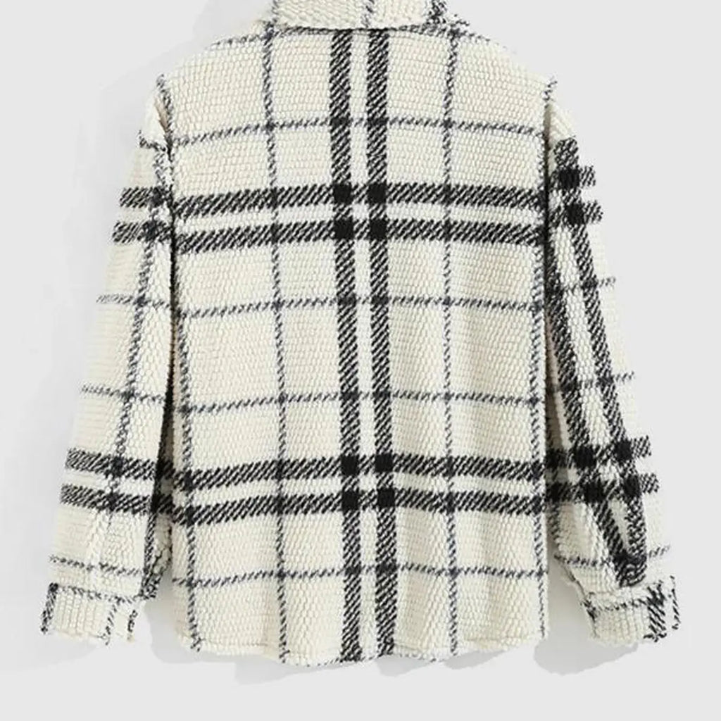 Cream Plaid Textured Fleece Shirt Jacket