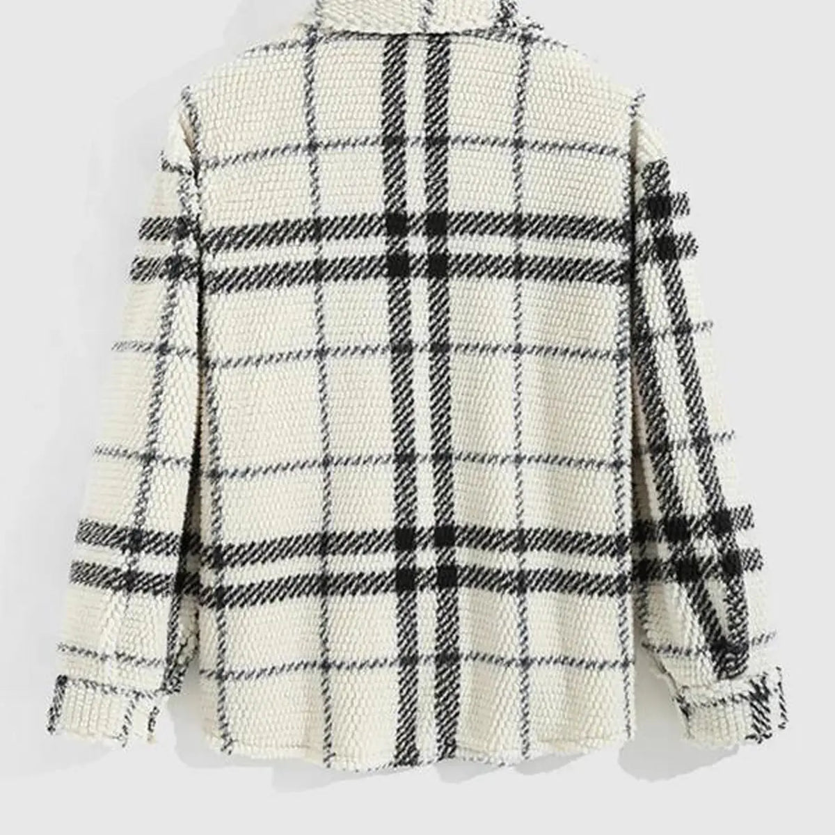 Cream Plaid Textured Fleece Shirt Jacket