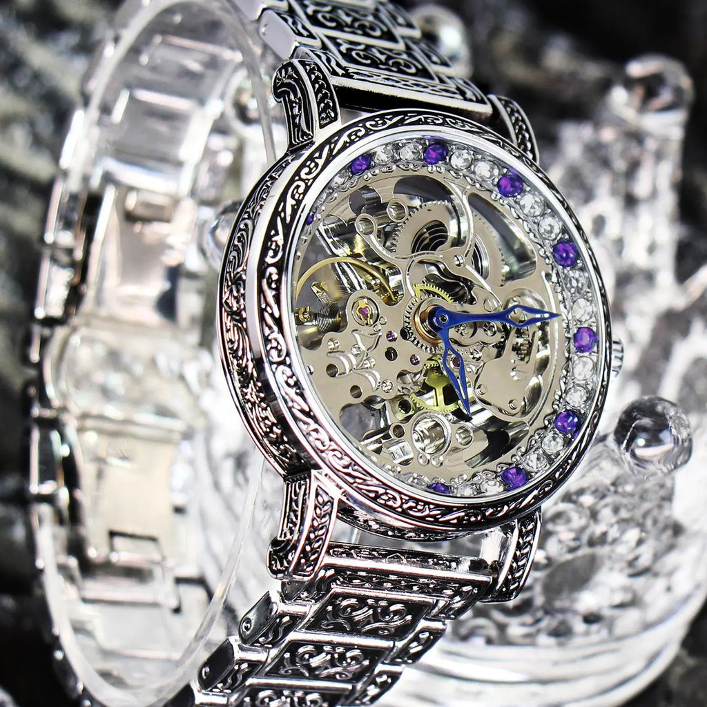 Silver Skeleton Dial Watch with Engraved Bracelet