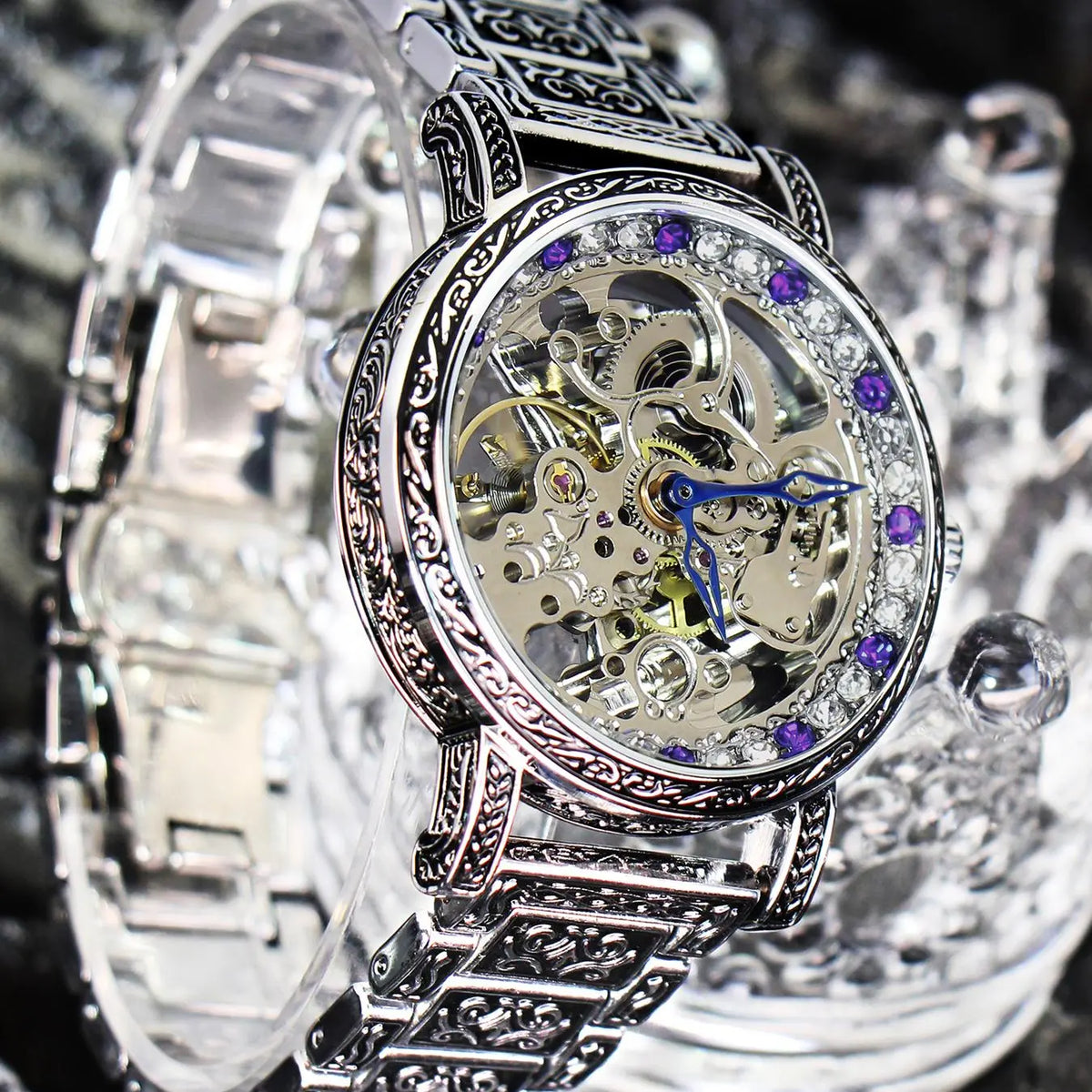 Silver Skeleton Dial Watch with Engraved Bracelet