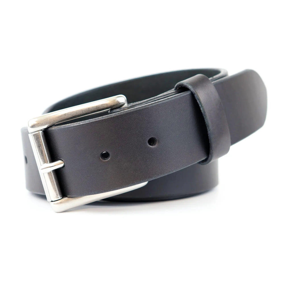 Black Leather Belt With Silver-Tone Roller Buckle