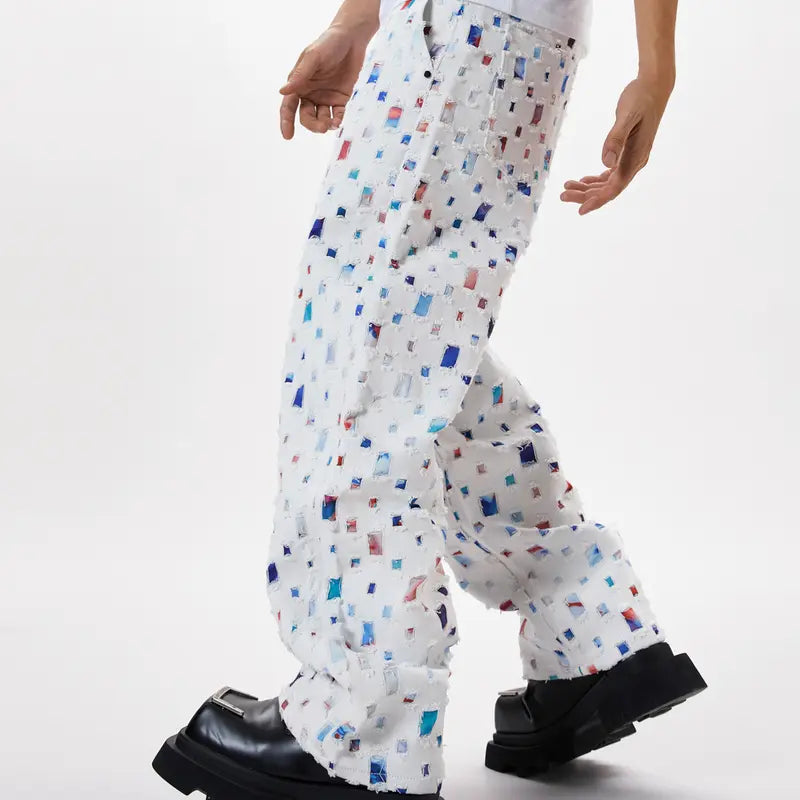Men's White Baggy Jeans with Colourful Patches