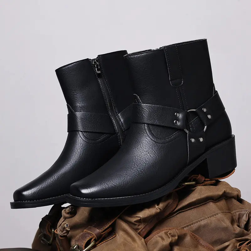 Black Faux Leather Ankle Boots with Buckle Harness