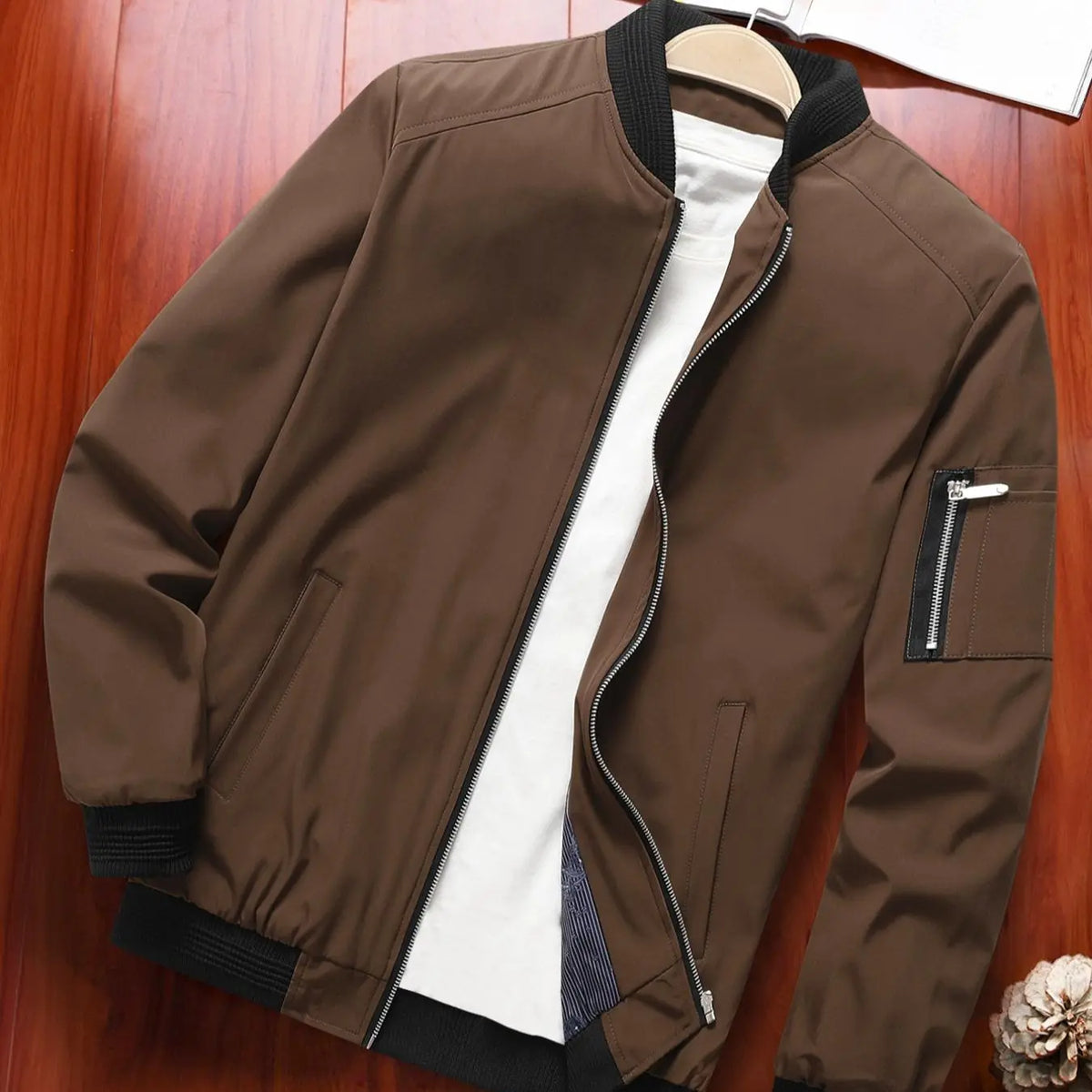 Burgundy Zip Bomber Jacket With Ribbed Black Trim