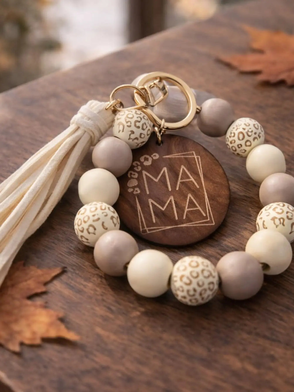 Wooden Bead Wristlet Keychain With Cream Tassel