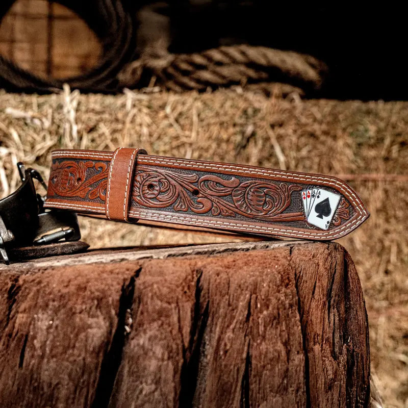 Brown Tooled Leather Belt with Playing Card Accents
