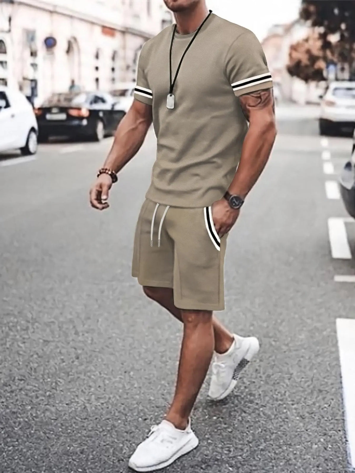 Khaki Short Sleeve Tee and Drawstring Shorts Set