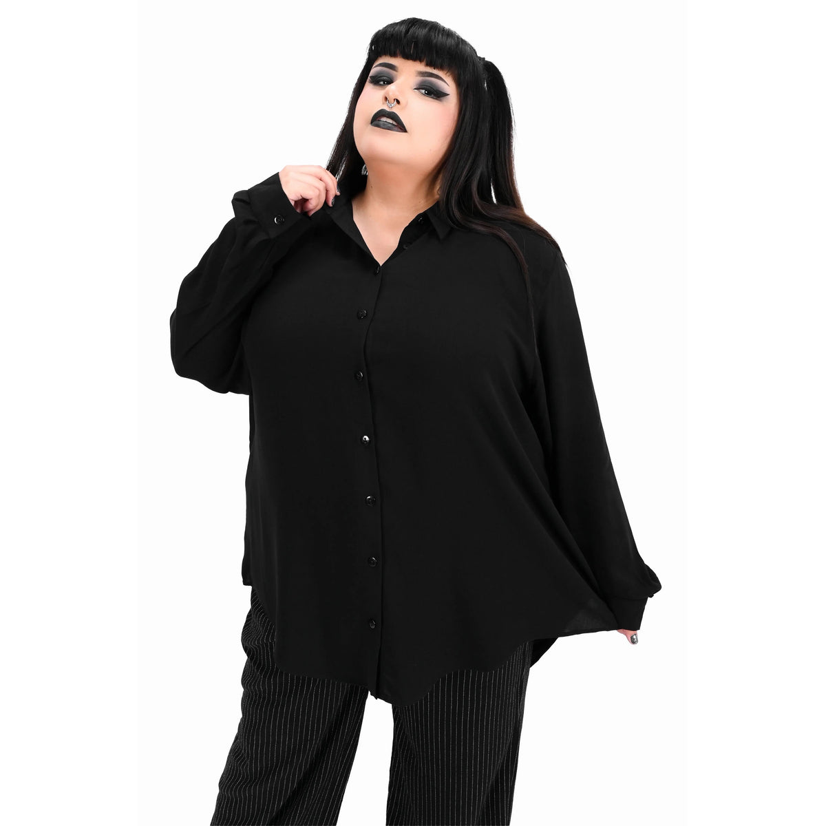 Black Oversized Collared Button-Up Shirt, Long Sleeve