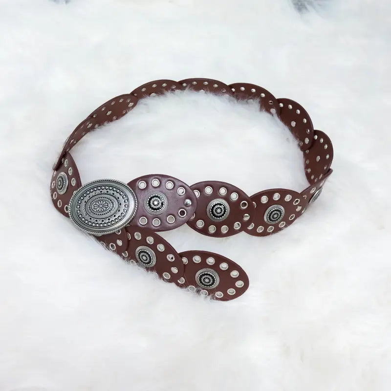 Faux Leather Disc Belt with Brass Studs