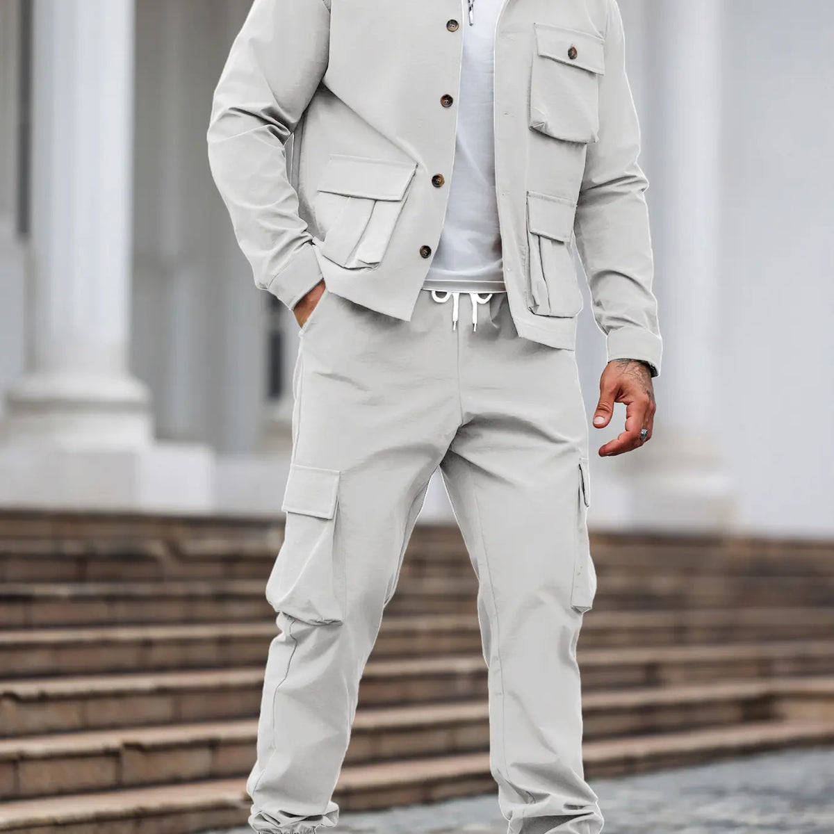 Olive Green Cargo Shirt Jacket and Jogger Pants Set