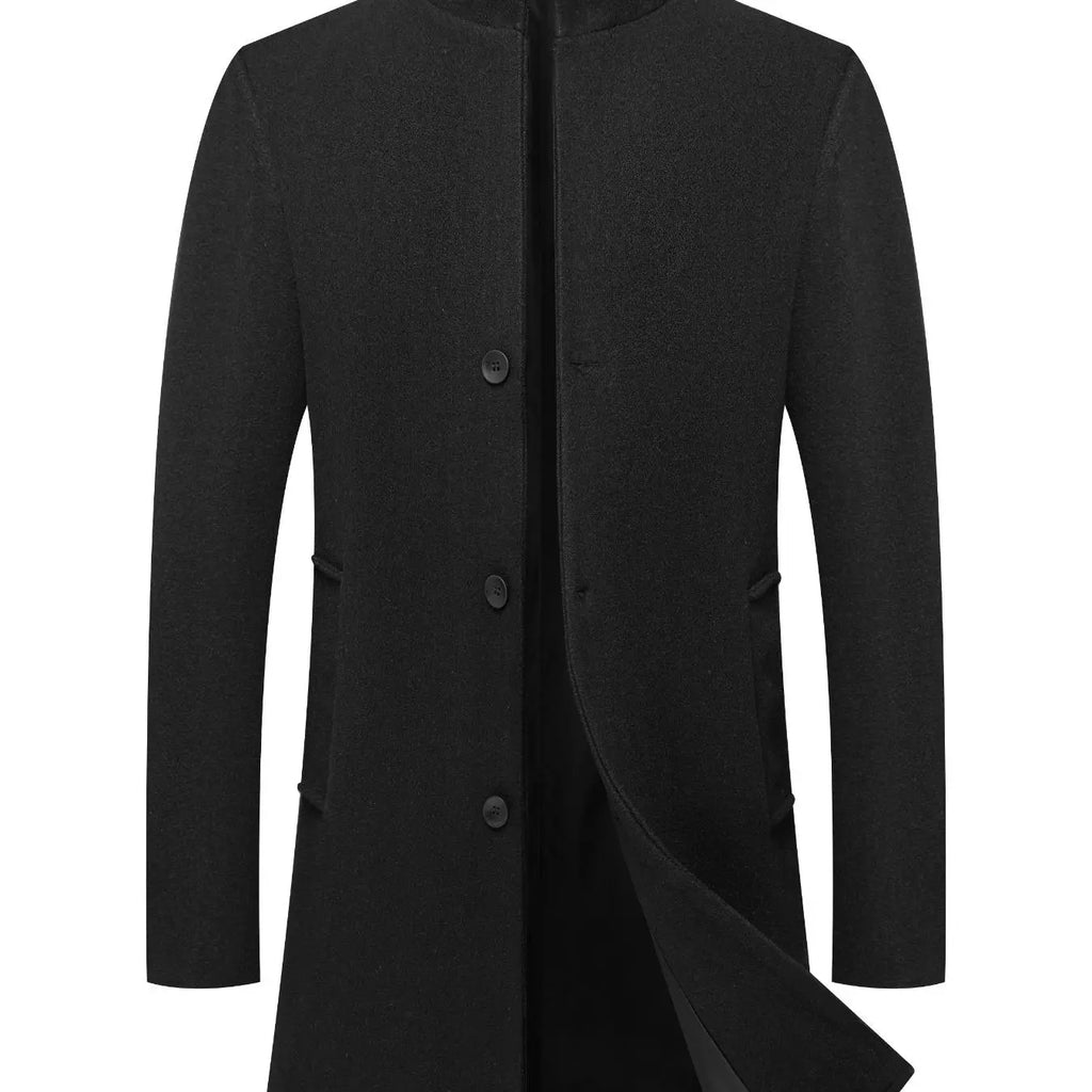 Black Stand Collar Long Button-Front Overcoat