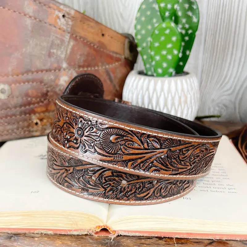 Brown Tooled Leather Belt with Floral Pattern