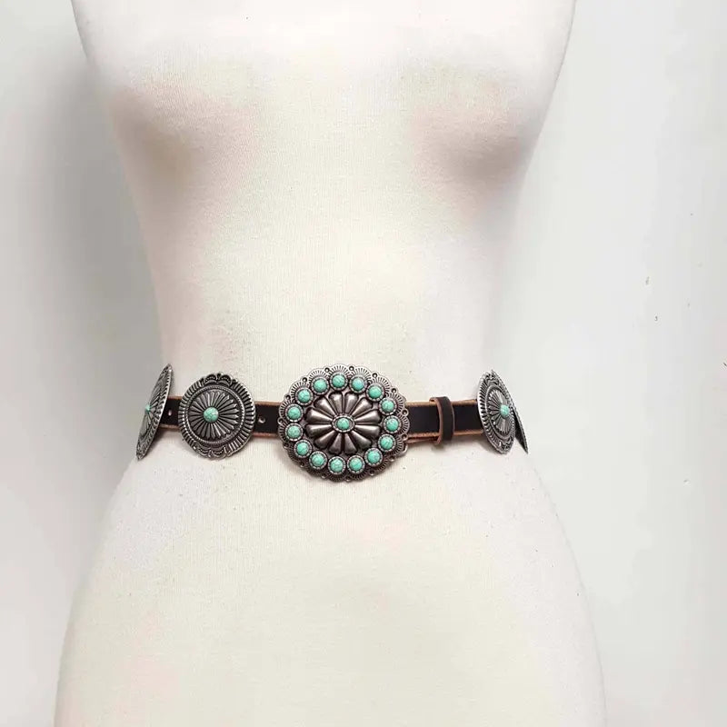 Distressed Leather Belt with Turquoise-Tone Silver Conchos