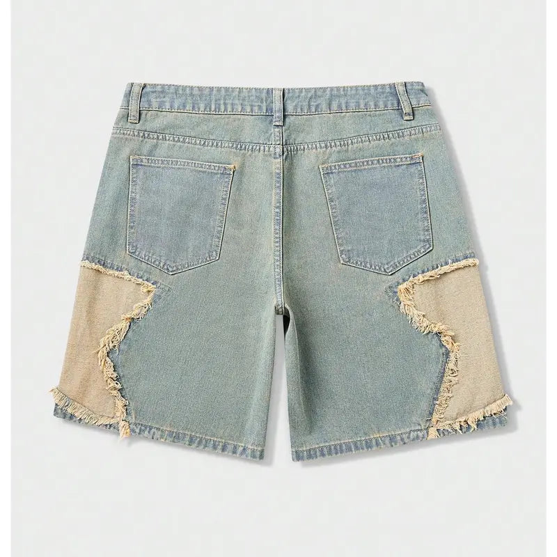 Blue Denim Shorts with Frayed Star Patches