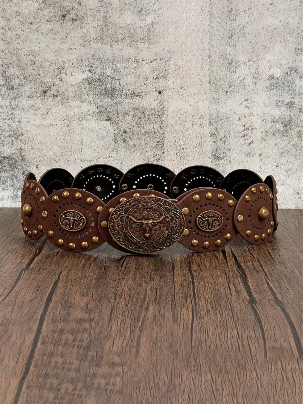Brown Faux Leather Concho Belt with Oval Buckle
