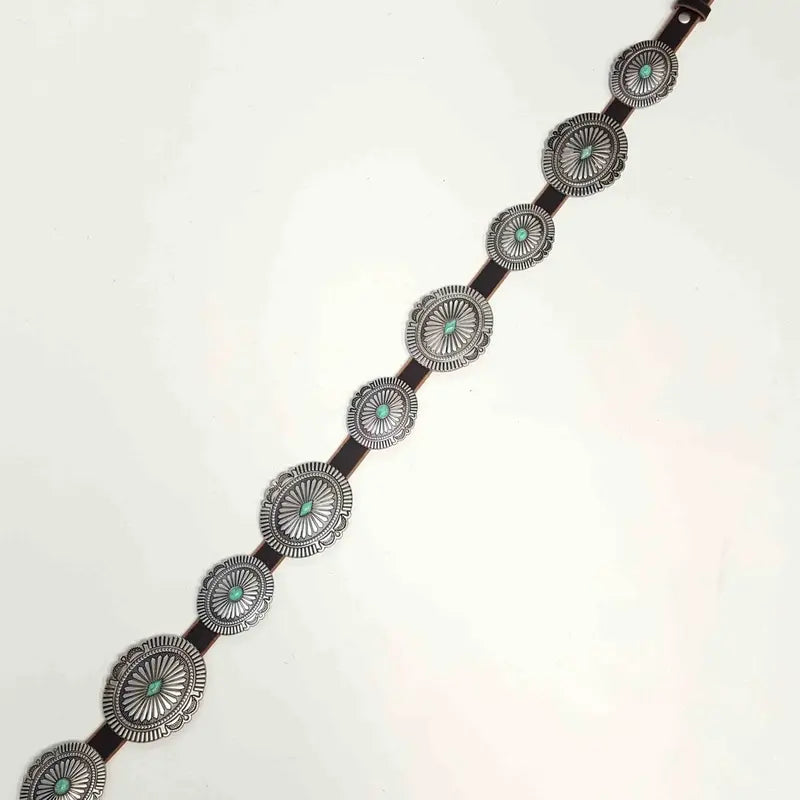 Distressed Leather Belt with Turquoise-Tone Silver Conchos