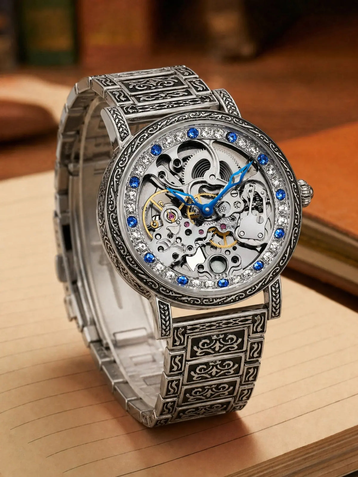 Silver Skeleton Dial Watch with Engraved Bracelet