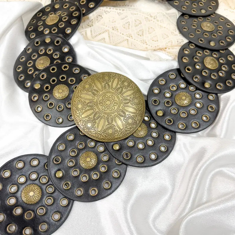 Faux Leather Disc Belt with Brass Studs