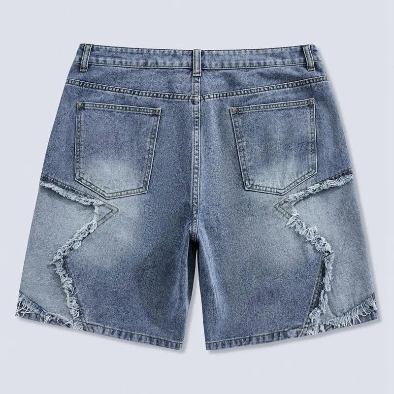 Blue Denim Shorts with Frayed Star Patches