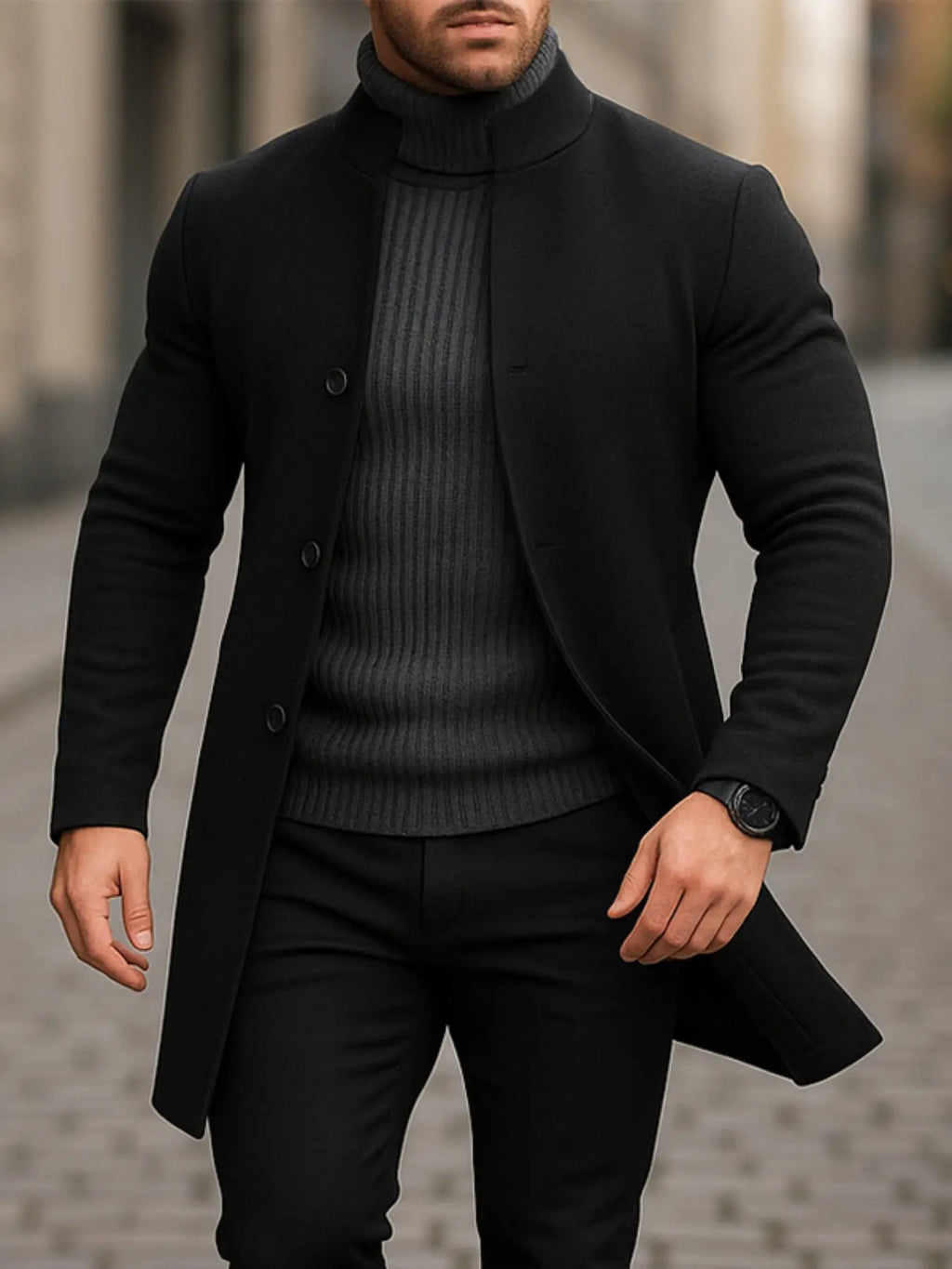 Black Stand Collar Long Button-Front Overcoat