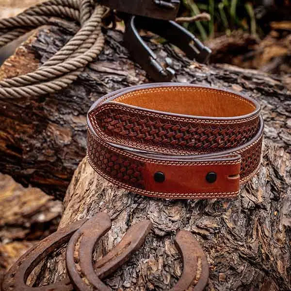 Brown Leather Belt with Basket Weave Embossing