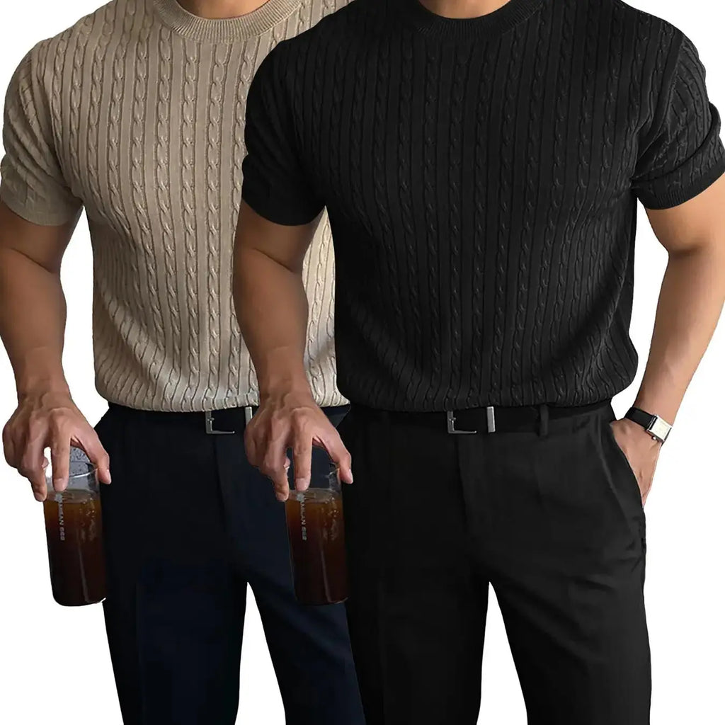 Beige Cable Knit Short Sleeve Crew Neck Top