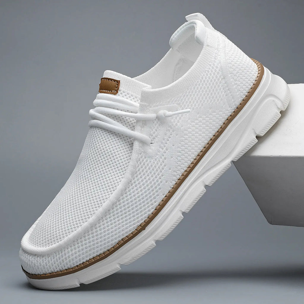 White Knit Mesh Slip-On Shoes with Tan Trim