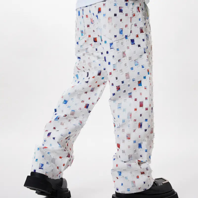Men's White Baggy Jeans with Colourful Patches