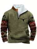 Olive Quarter-Zip Sweatshirt with Patterned Sleeves