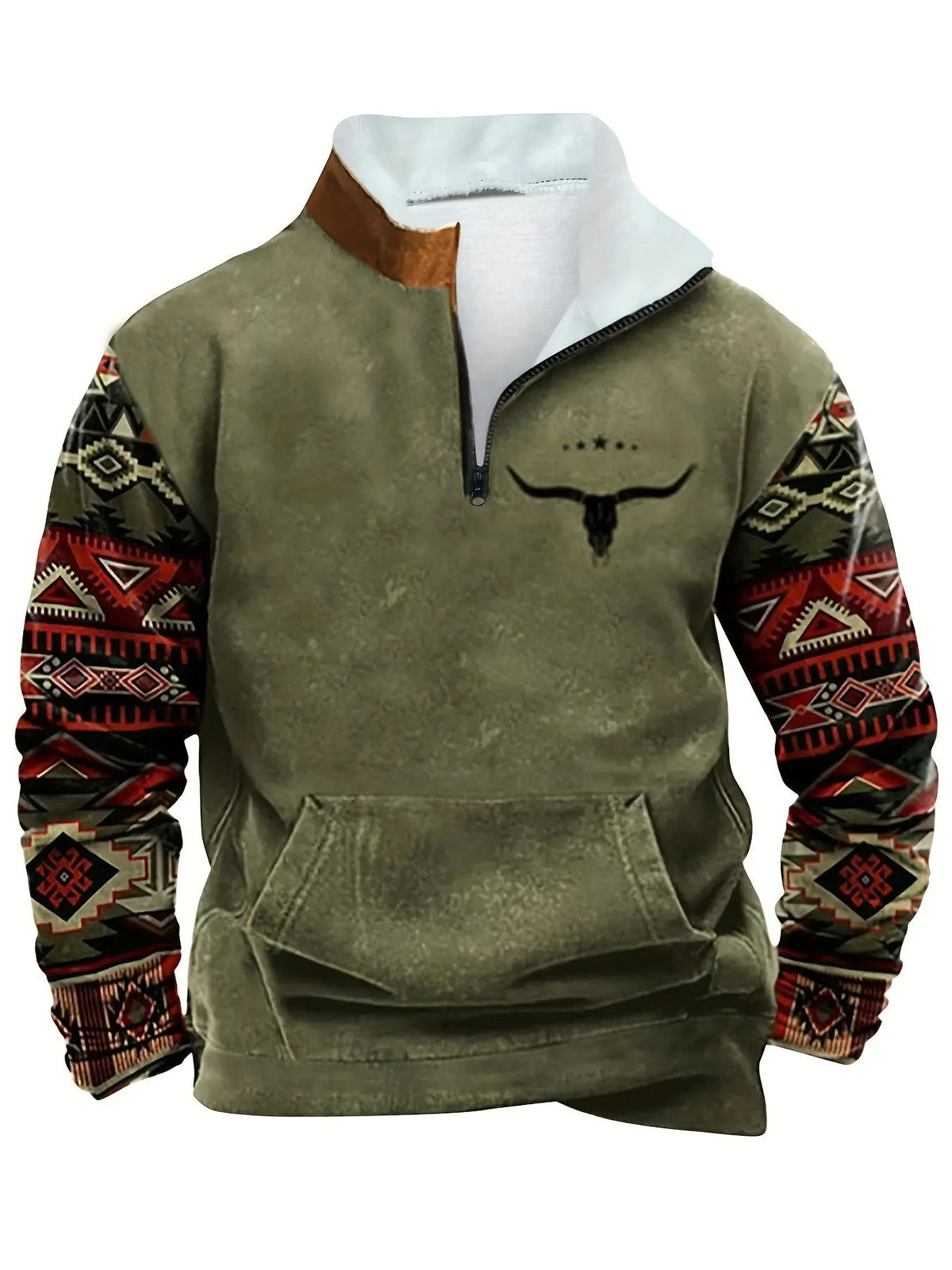 Olive Quarter-Zip Sweatshirt with Patterned Sleeves