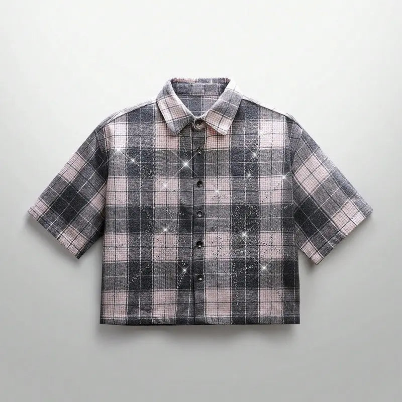 Cropped Brown Plaid Shirt with Crystal Web Detail