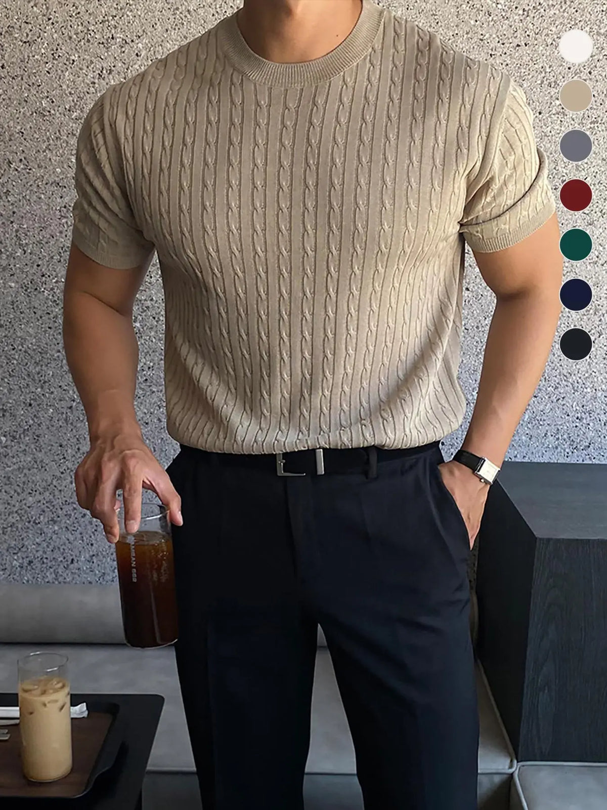 Beige Cable Knit Short Sleeve Crew Neck Top