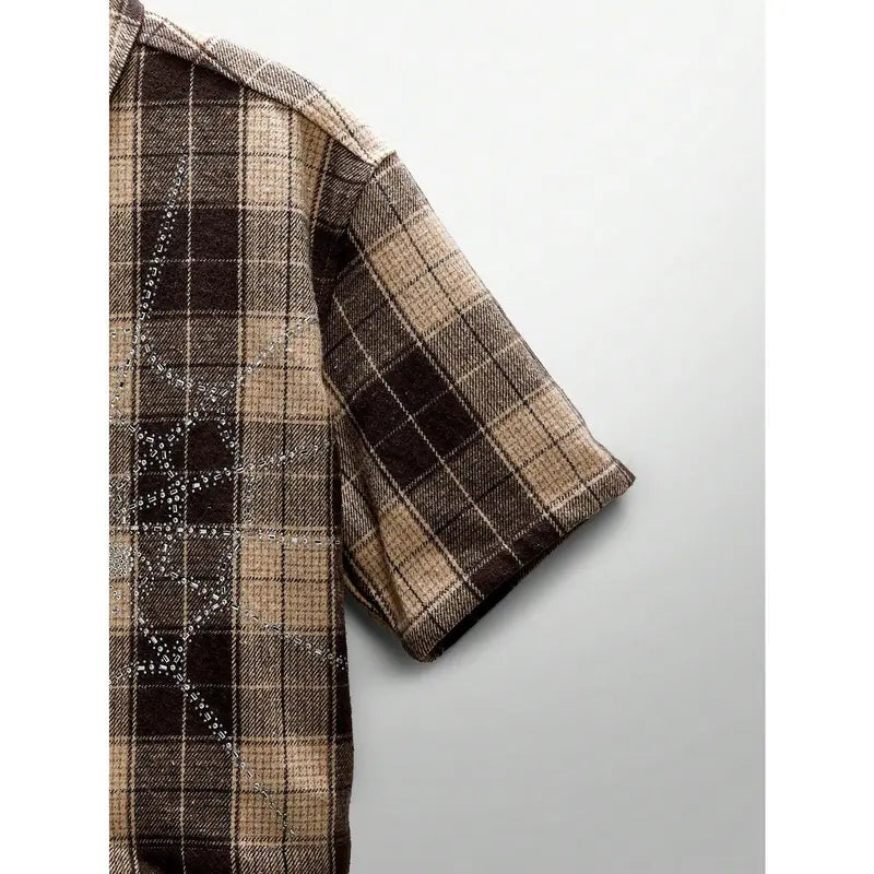 Cropped Brown Plaid Shirt with Crystal Web Detail