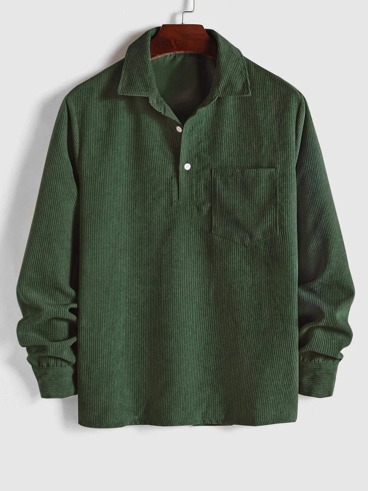 Green Corduroy Half-Button Shirt With Chest Pocket
