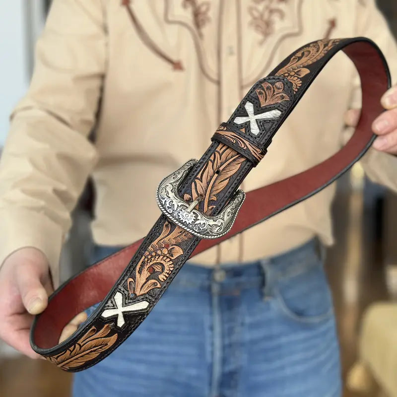 Hand-Tooled Brown Leather Belt with Engraved Buckle