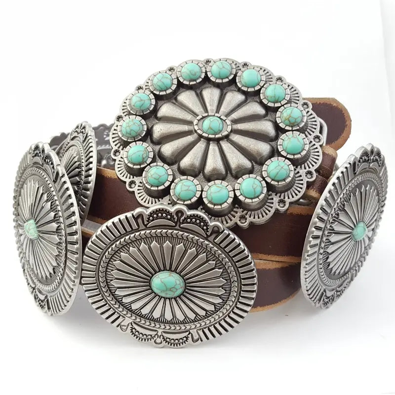 Distressed Leather Belt with Turquoise-Tone Silver Conchos