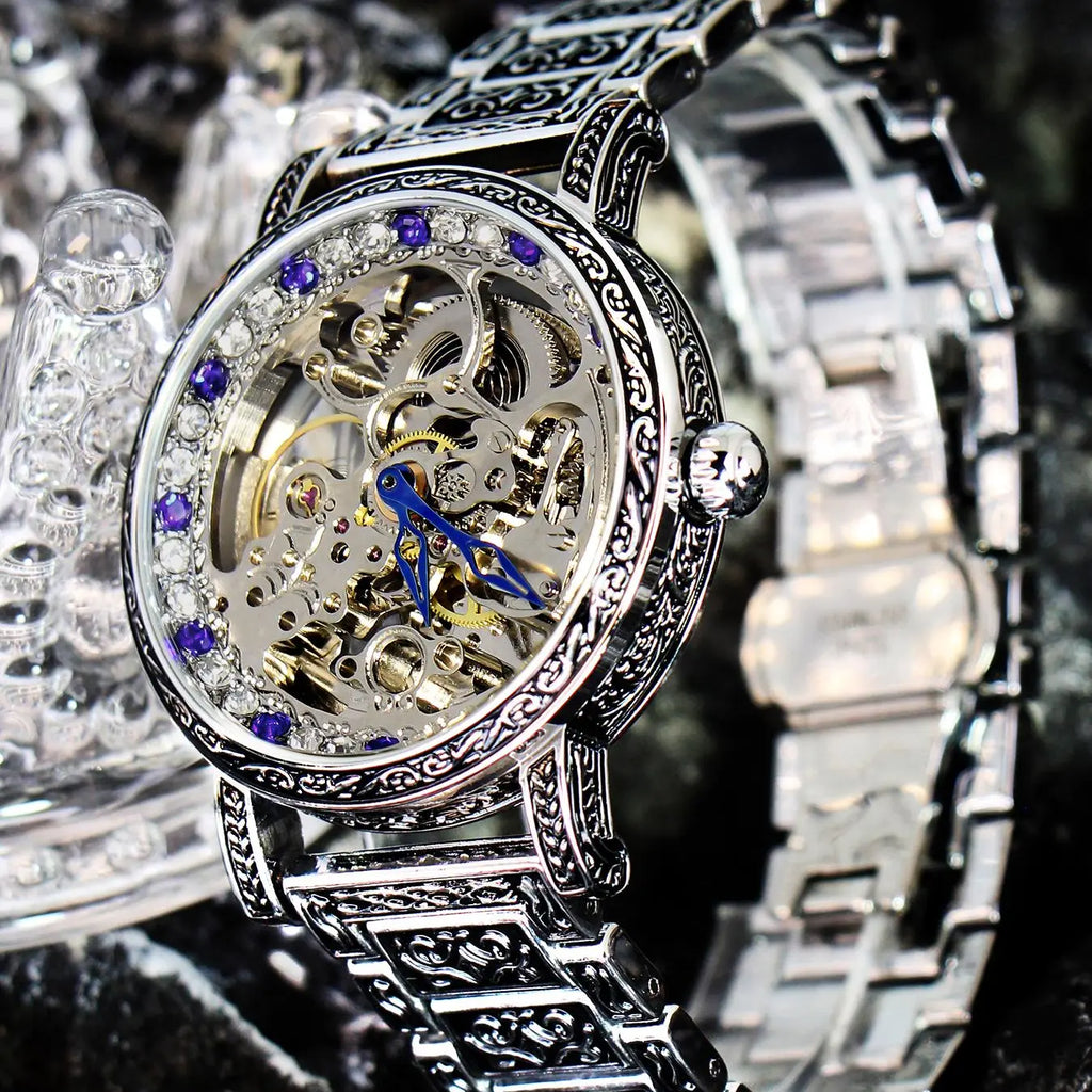 Silver Skeleton Dial Watch with Engraved Bracelet